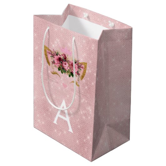 Roze Prinses Kitten Roos Goud Blush Roze Glitter Medium Cadeauzakje (Achterkant Gekanteld)