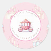 Roze Prinses Koets Ronde Baby Shower Sticker (Voorkant)
