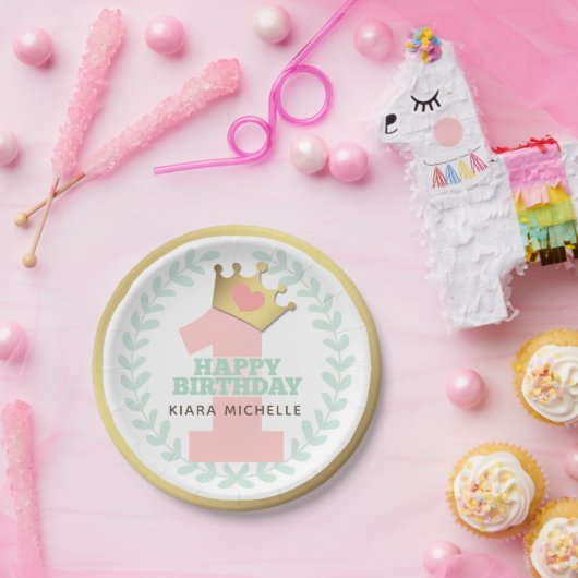 Roze Prinses Kroon Baby Meisje Eerste Verjaardagsf Papieren Bordje (Feest)