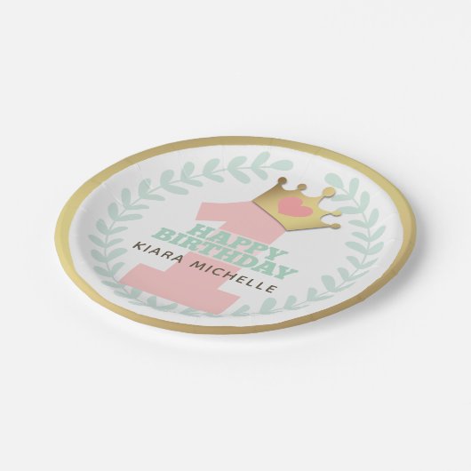 Roze Prinses Kroon Baby Meisje Eerste Verjaardagsf Papieren Bordje (Gekanteld)