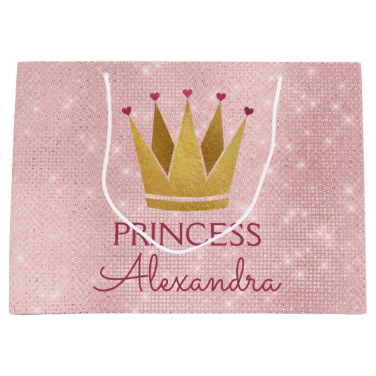 Roze Prinses Kroon Roos Goud Verjaardag Large Cadeautasje (Voorkant)