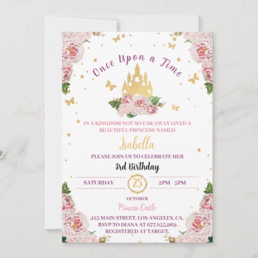 Roze Prinses Kroon Sprookje Verjaardag Uitnodiging (Voorkant)