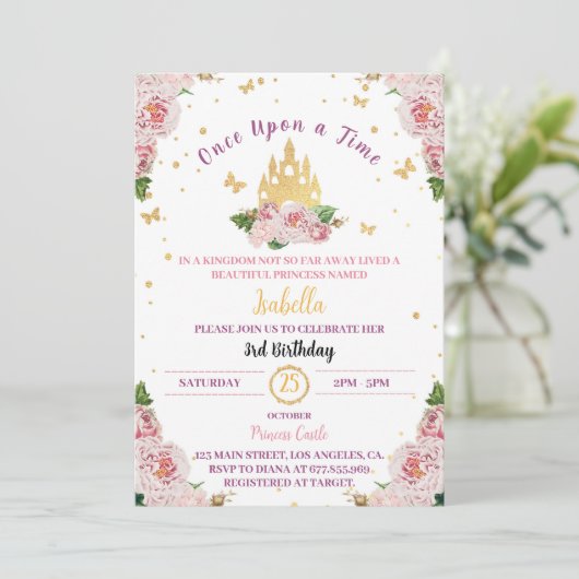 Roze Prinses Kroon Sprookje Verjaardag Uitnodiging (Staand voorkant)