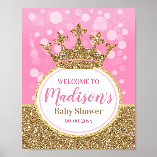 Roze prinses kroonwelkomstbord Girl Shower Gold Poster (Voorkant)