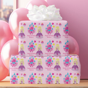  Roze Prinses Meisje Custom Verjaardagsburcht Cadeaupapier