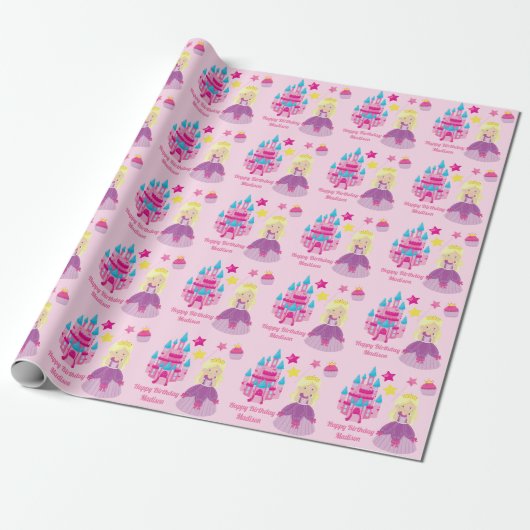 Roze Prinses Meisje Custom Verjaardagsburcht Cadeaupapier (Uitgerold)