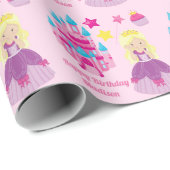 Roze Prinses Meisje Custom Verjaardagsburcht Cadeaupapier (Rol Hoek)
