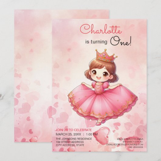 Roze Prinses Meisje Verjaardag uitnodiging (Voorkant / Achterkant)