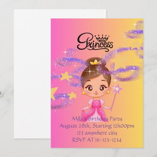 Roze prinses meisje verjaardag uitnodiging (Voorkant / Achterkant)