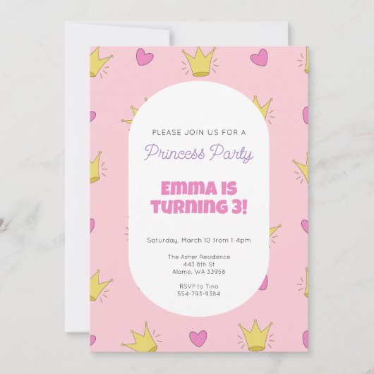 Roze Prinses Meisjes Verjaardagsfeest Uitnodiging (Voorkant)