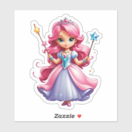 Roze prinses met magische toverstaf en tiara sticker