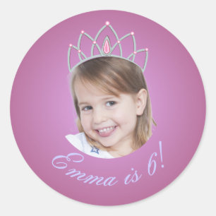 Roze prinses met tiara foto verjaardagssticker ronde sticker