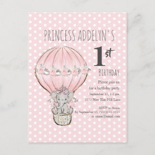 Roze Prinses Olifant Ballon Stippen 1e Verjaardag Uitnodiging Briefkaart