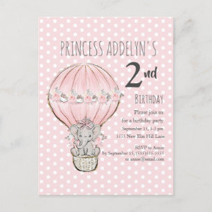 Roze Prinses Olifant Ballon Stippen 2e Verjaardag  Uitnodiging Briefkaart
