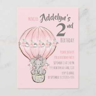 Roze Prinses Olifant Heet Lucht Ballon Verjaardag Uitnodiging Briefkaart