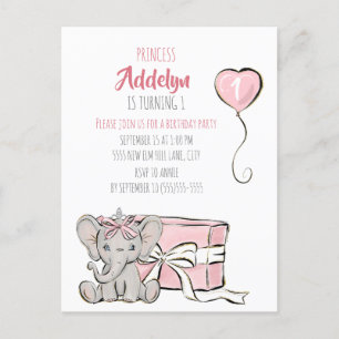 Roze Prinses Olifant Peuter 1e Verjaardagsfeestje Uitnodiging Briefkaart