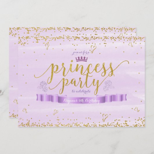 Roze prinses Paarse en gouden verjaardagsuitnodigi Kaart (Voorkant / Achterkant)