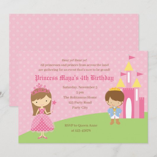 Roze prinses & prins Birthday-uitnodigingen Kaart (Voorkant / Achterkant)
