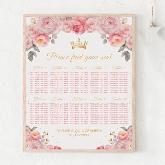Roze Prinses Quinceañera 10 tafels Zitplaatskaart Poster