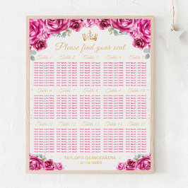Roze Prinses Quinceañera 15 Tafel Zitplaatsen Graf Poster