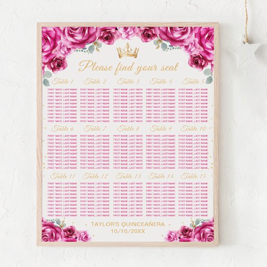 Roze Prinses Quinceañera 15 Tafel Zitplaatsen Graf Poster
