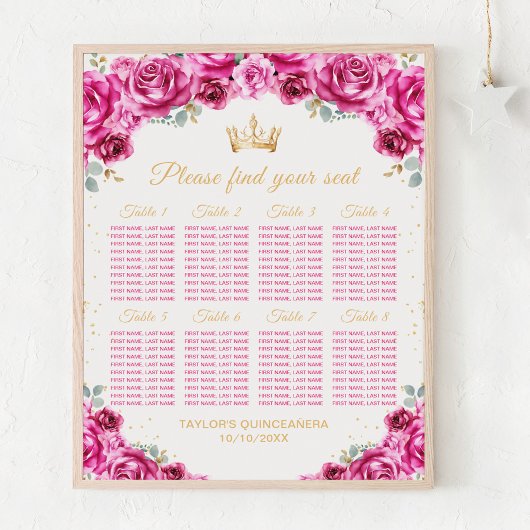 Roze prinses Quinceañera 8 tafels Zitplaatskaart Poster