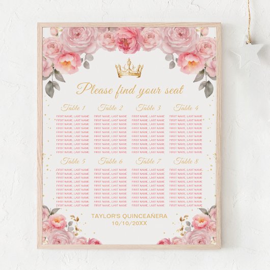 Roze prinses Quinceañera 8 tafels Zitplaatskaart Poster