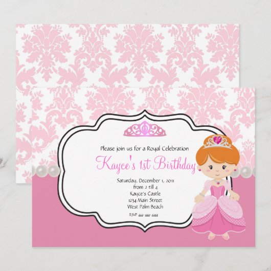 Roze prinses Red Hair Damask en Pearls Kaart (Voorkant / Achterkant)