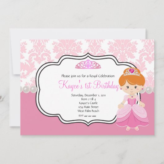 Roze Prinses Rood Haar Damast en Parels Kaart (Voorkant)