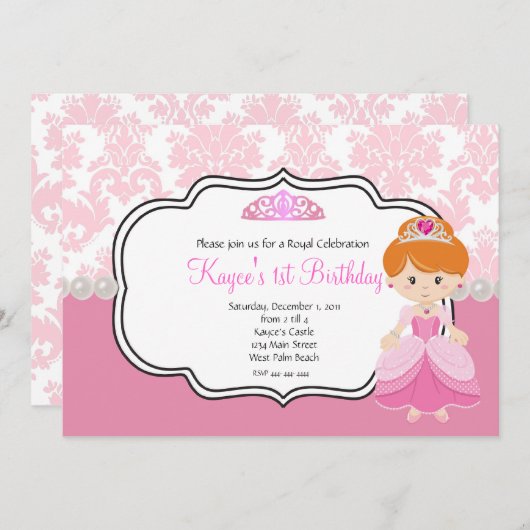 Roze Prinses Rood Haar  Damast en Parels Kaart (Voorkant / Achterkant)