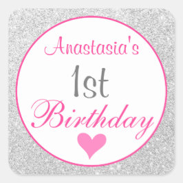 Roze Prinses Roze & Zilver Glitter 1e Verjaardag Vierkante Sticker
