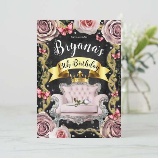 Roze prinses Rozen en Butterflies van Birthday Kaart (Staand voorkant)