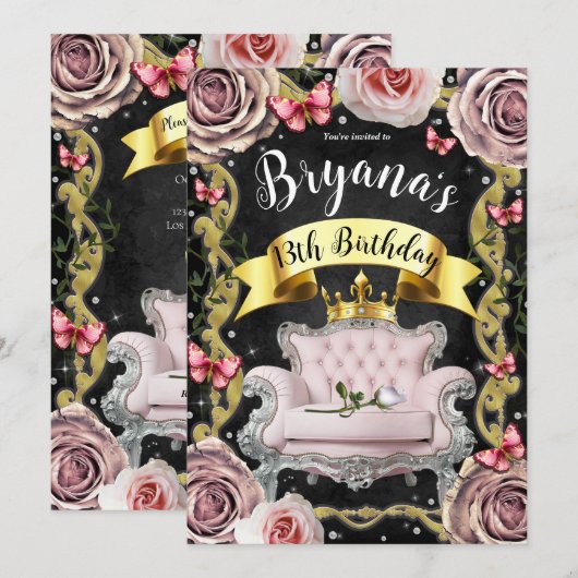 Roze prinses Rozen en Butterflies van Birthday Kaart (Voorkant / Achterkant)