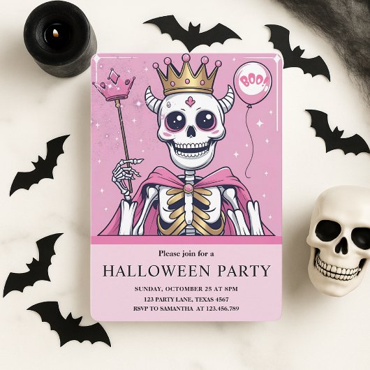 Roze prinses Skeleton Halloween Party Feestdagenkaart