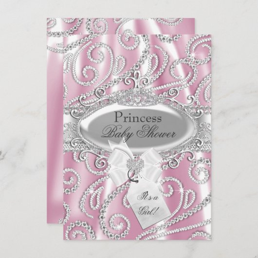 Roze prinses Sparkle Diamond Baby shower Invite Kaart (Voorkant / Achterkant)