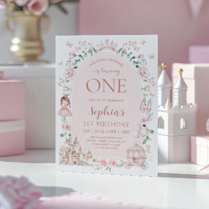 Roze Prinses Sprookje Meisje 1e Verjaardag Kaart
