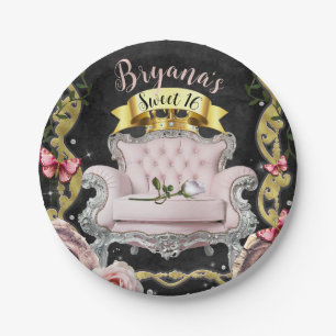 Roze Prinses Stoel Rozen & Vlinders Sweet 16  Papieren Bordje