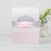 Roze prinses Tiara Lace Sweet 16 Uitnodiging (Staand voorkant)