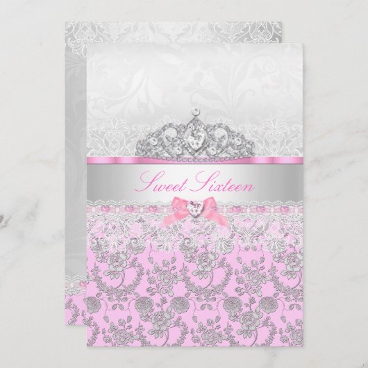 Roze prinses Tiara & Lace Sweet 16 Uitnodiging (Voorkant / Achterkant)