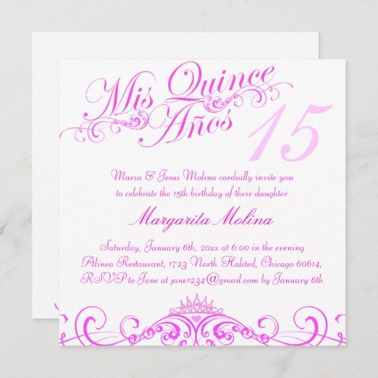 Roze Prinses Tiara Quinceanera Uitnodiging (Voorkant / Achterkant)