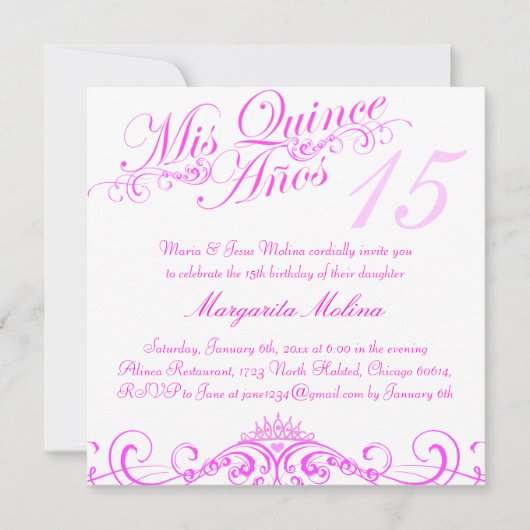 Roze Prinses Tiara Quinceanera Uitnodiging (Voorkant)
