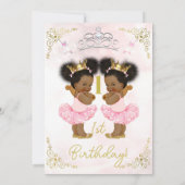 Roze prinses Tutu Crown Twin Dark Skin Birthday Kaart (Achterkant)