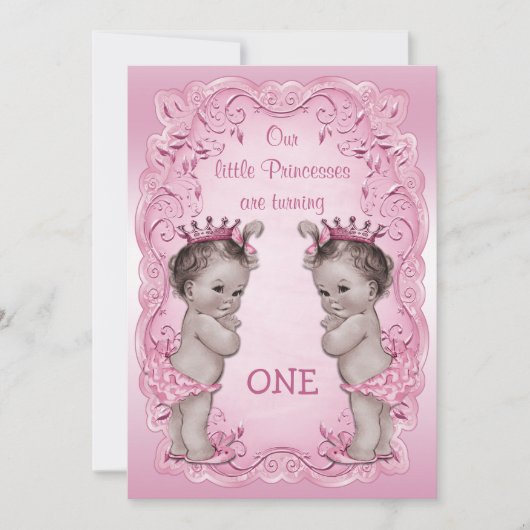 Roze  prinses Twins 1st Birthday Kaart (Voorkant)