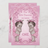 Roze  prinses Twins 1st Birthday Kaart (Voorkant / Achterkant)