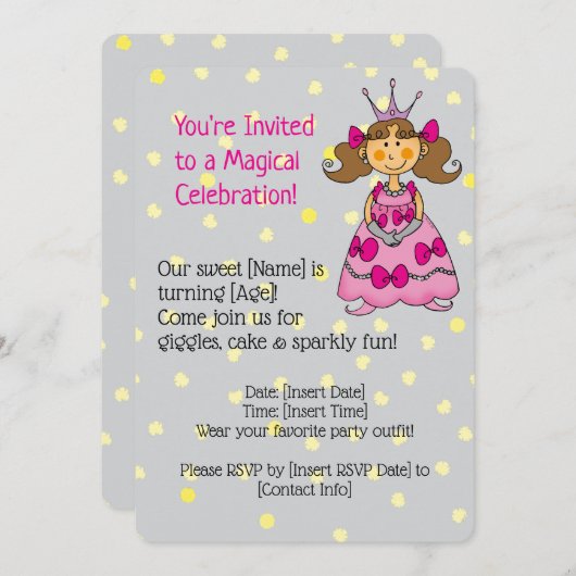 Roze Prinses Verjaardag Uitnodiging (Voorkant / Achterkant)