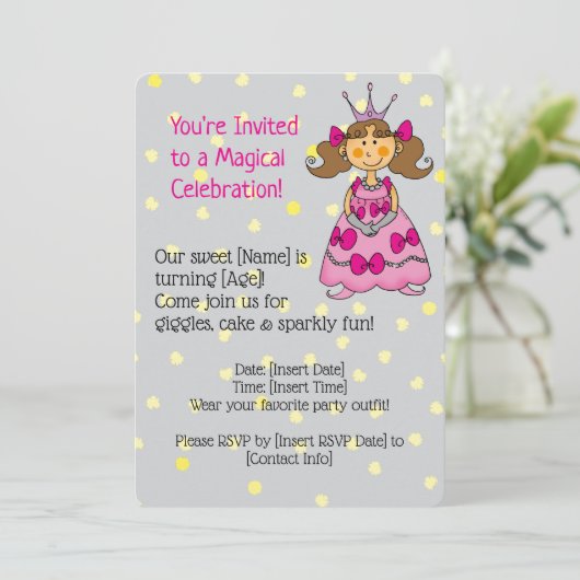 Roze Prinses Verjaardag Uitnodiging (Staand voorkant)