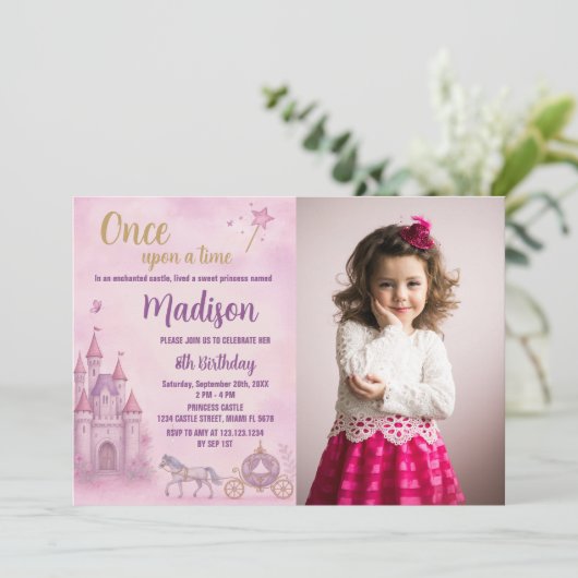 Roze Prinses Verjaardag Uitnodiging met foto (Staand voorkant)