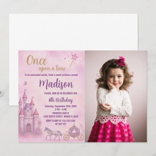 Roze Prinses Verjaardag Uitnodiging met foto (Voorkant / Achterkant)