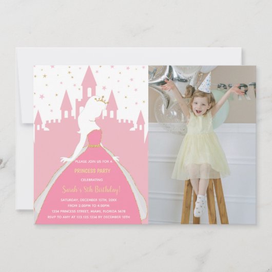 Roze Prinses Verjaardag Uitnodigingen met Foto (Voorkant)