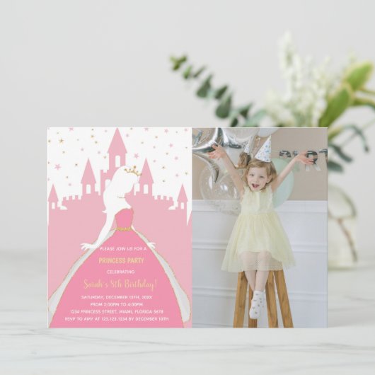 Roze Prinses Verjaardag Uitnodigingen met Foto (Staand voorkant)